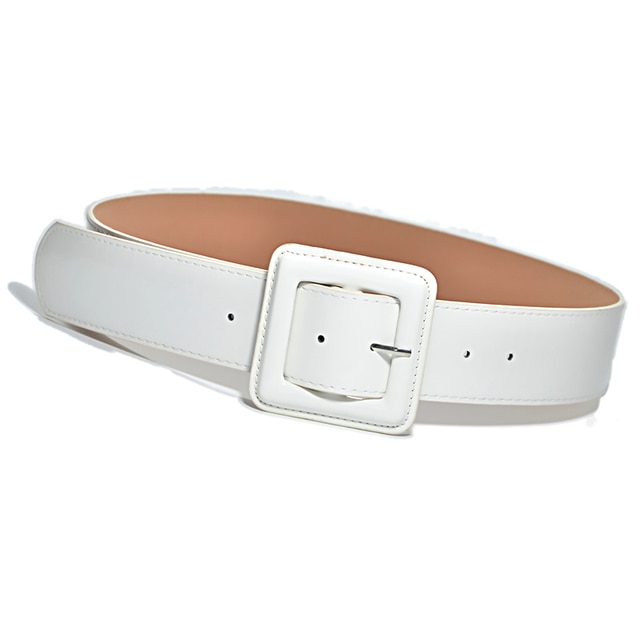 New Fashion Lady Wide White Belt Square Pin Buckle Solid PU Leather